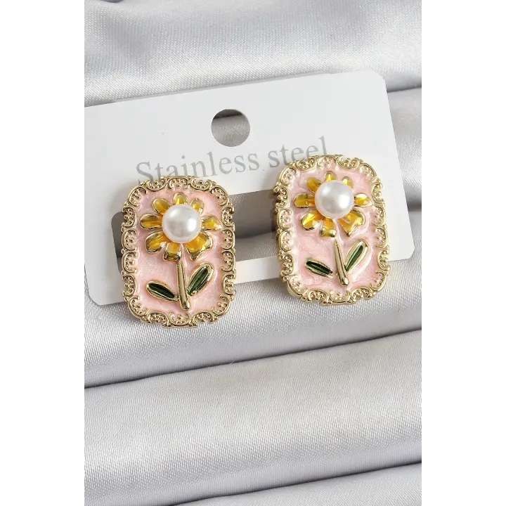 Pirinç Pembe Mineli Papatya Figürlü Sanatsal Portre Model Gold Renk Kadın Küpe
