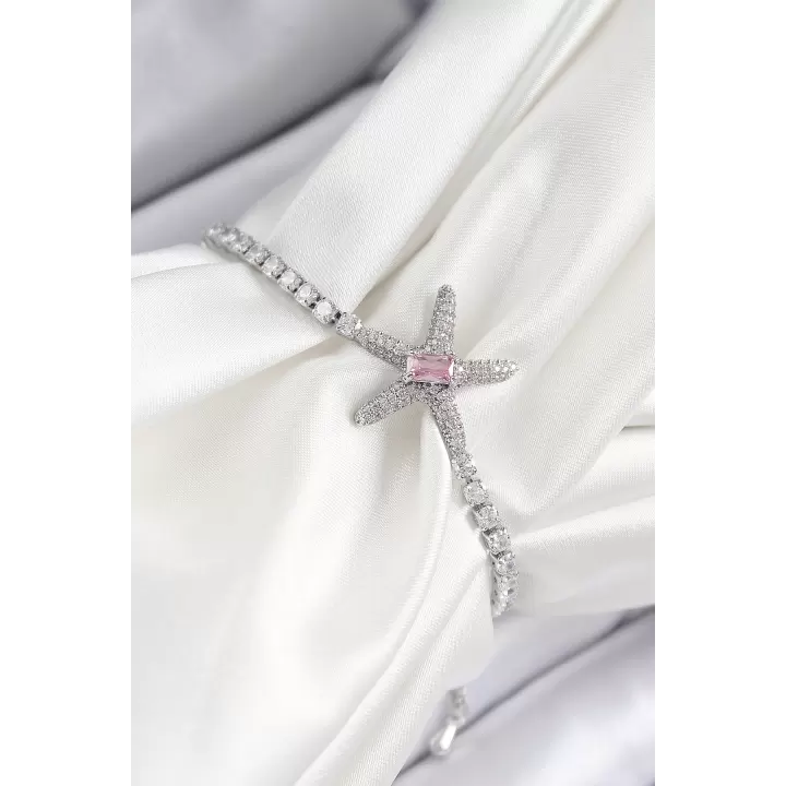Pirinç Pembe Zirkon Taşlı Deniz Yıldızı Model Gümüş Renk Asansörlü Kadın Bileklik
