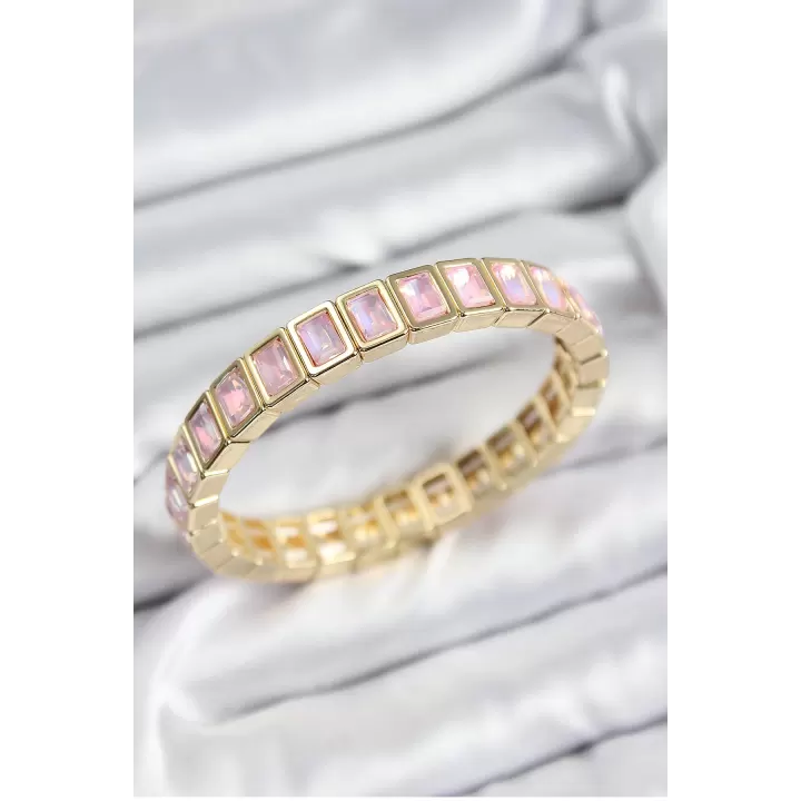 Pirinç Pembe Zirkon Taşlı Dikdörtgen Model Gold Renk Lastikli Kadın Bileklik