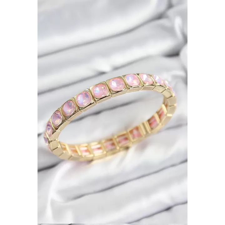 Pirinç Pembe Zirkon Taşlı Kare Model Gold Renk Lastikli Kadın Bileklik