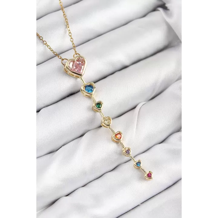 Pirinç Renkli Zirkon Taşlı Kalp Model Gold Renk Kadın Y Kolye
