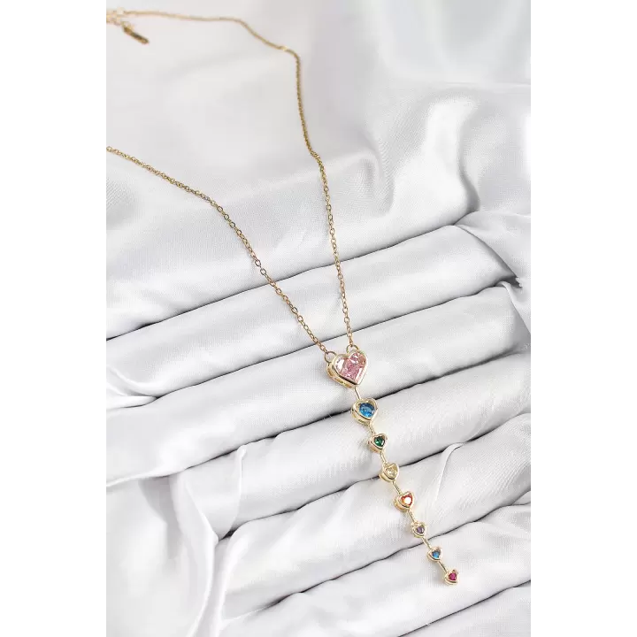 Pirinç Renkli Zirkon Taşlı Kalp Model Gold Renk Kadın Y Kolye