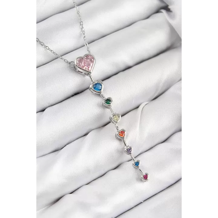 Pirinç Renkli Zirkon Taşlı Kalp Model Gümüş Renk Kadın Y Kolye
