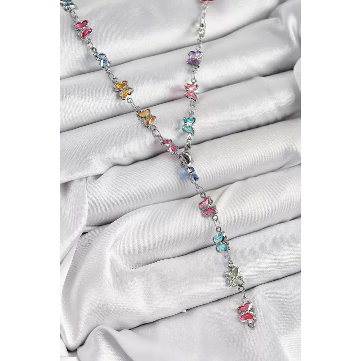 Pirinç Renkli Zirkon Taşlı Kelebek Model Gümüş Renk Kadın Y Kolye