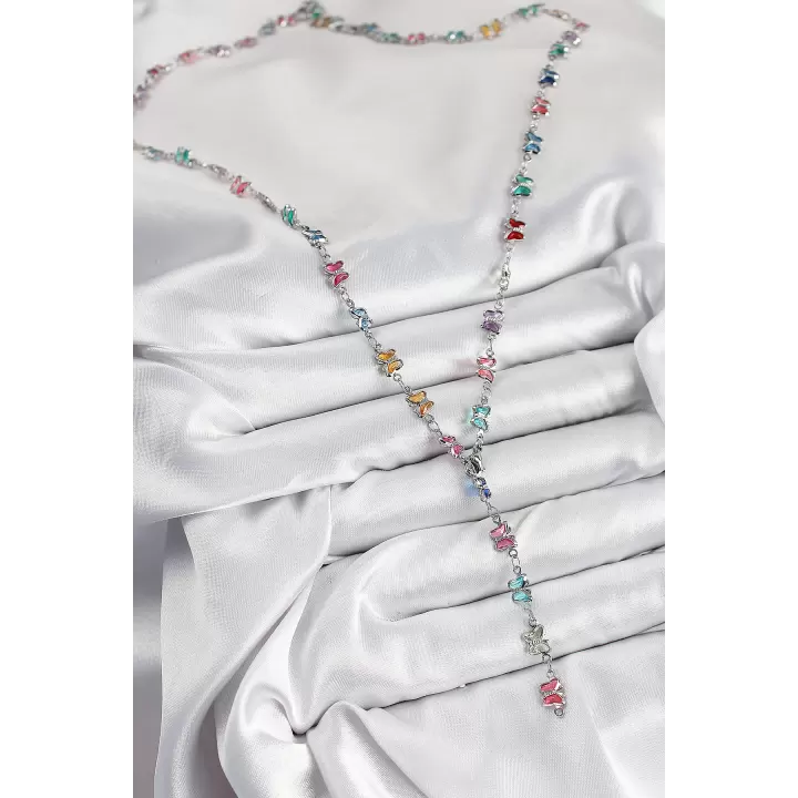 Pirinç Renkli Zirkon Taşlı Kelebek Model Gümüş Renk Kadın Y Kolye