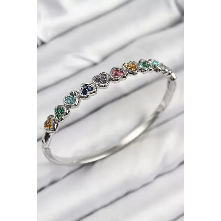 Pirinç Renkli Zirkon Taşlı Sıralı Kalp Model Gümüş Renk Kadın Kelepçe