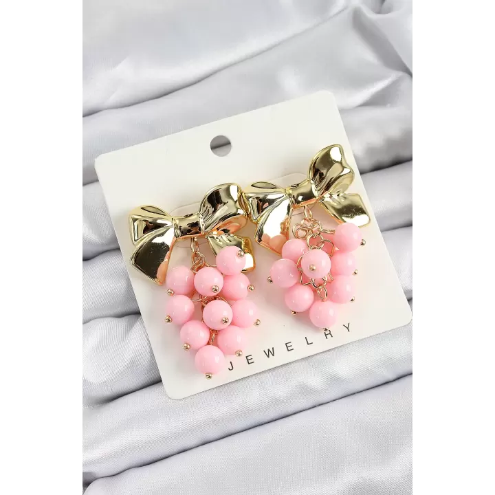 Pirinç Sallantılı Pembe Boncuklu Fiyonk Vintage Model Gold Renk Kadın Küpe