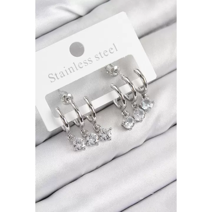 Pirinç Sallantılı Zirkon Taşlı Model Gümüş Renk Kadın Küpe