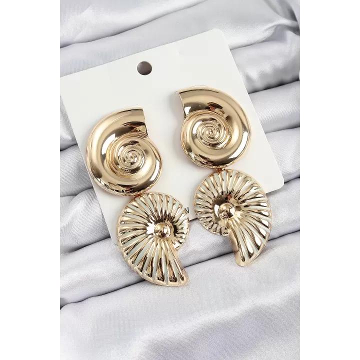 Pirinç Sarmal Sallantılı Deniz Kabuğu Vintage Model Gold Renk Küpe