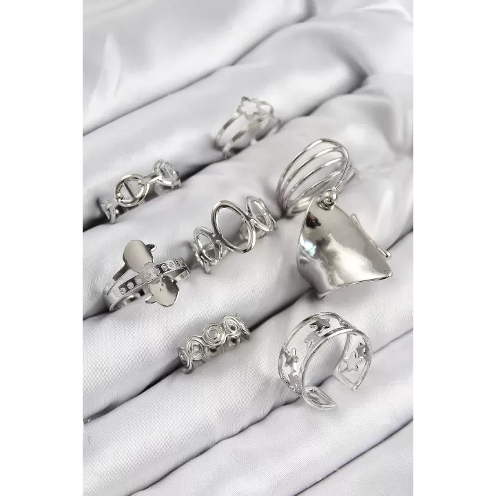 Pirinç Sarmal Ve Yıldız Model Gümüş Renk Kadın Yüzük Kombin Set