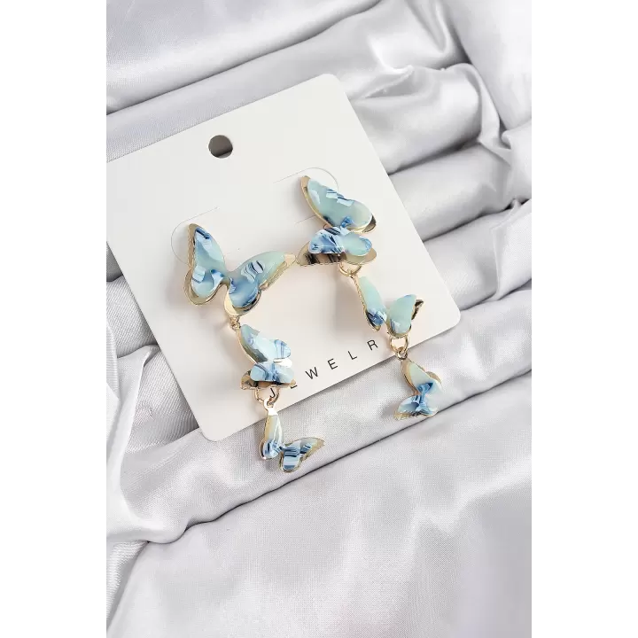Pirinç Sedef Sallantılı Mermer Desenli Kelebek Model Gold Renk Vintage Kadın Küpe