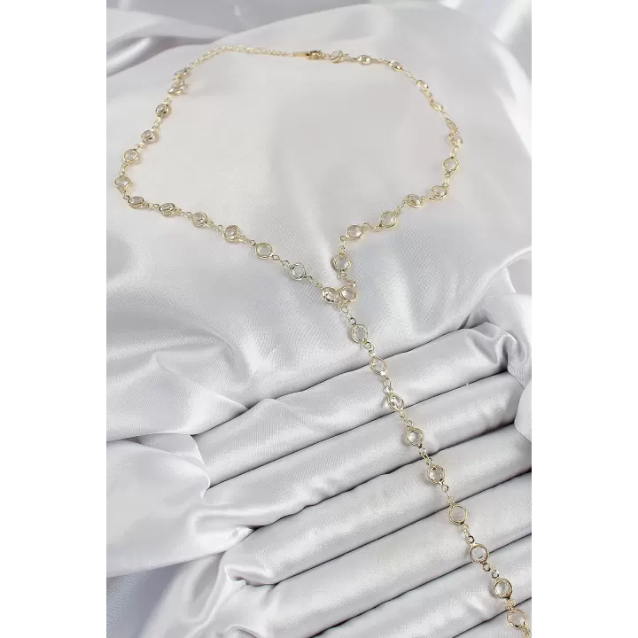 Pirinç Şeffaf Model Gold Renk Zirkon Taşlı Y Kolye