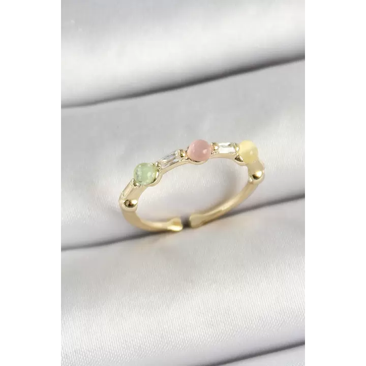Pirinç Sıralı Boncuk Figürlü Zirkon Taşlı Gold Renk Ayarlanabilir Kadın Yüzük