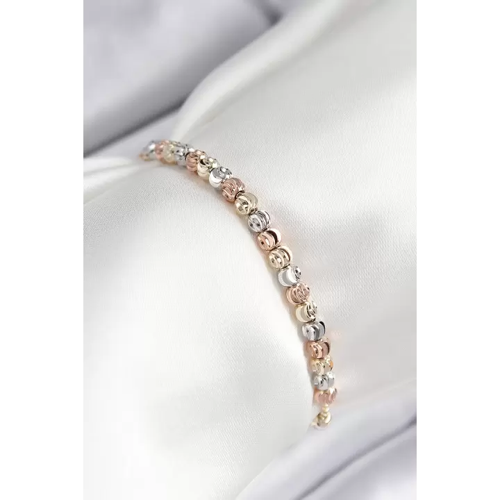 Pirinç Sıralı Boncuk Model Gold Gümüş Roz Renk Asansörlü Kadın Bileklik
