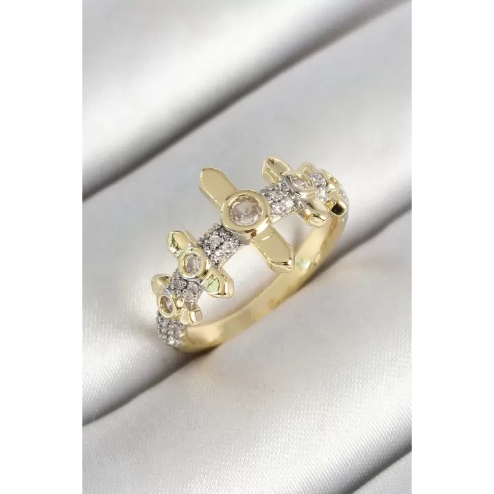 Pirinç Sıralı Çit Figürlü Zirkon Taşlı Gold Renk Ayarlanabilir Kadın Yüzük