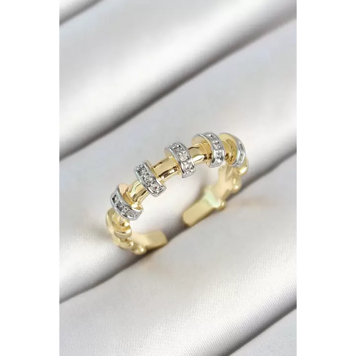 Pirinç Sıralı Daire Figürlü Zirkon Taşlı Gold Renk Ayarlanabilir Kadın Yüzük