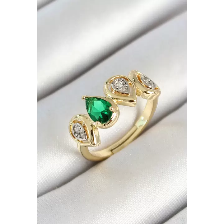 Pirinç Sıralı Damla Figürlü Zirkon Taşlı Gold Renk Ayarlanabilir Kadın Yüzük