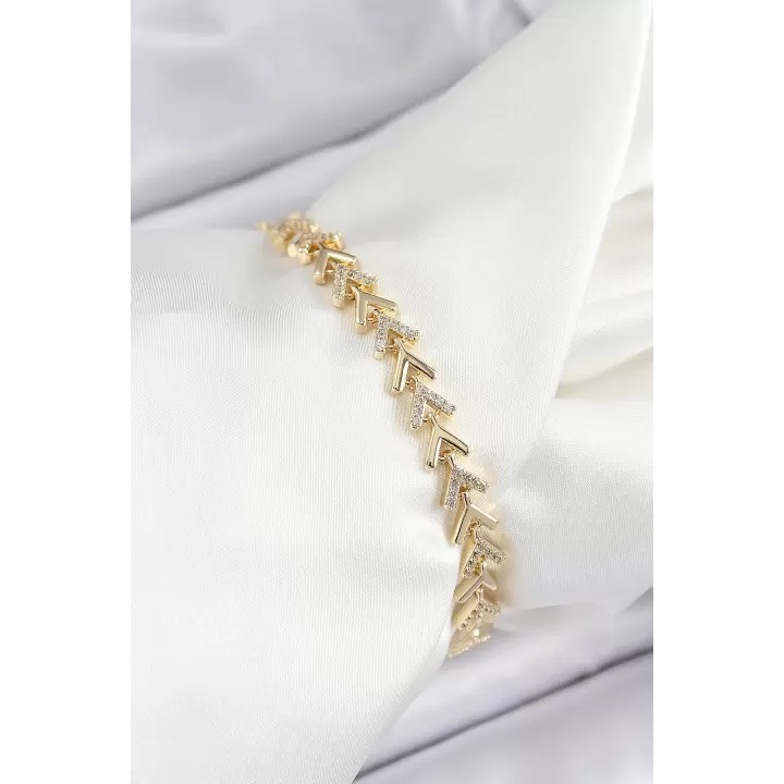 Pirinç Sıralı Ok Model Zirkon Taşlı Gold Renk VİP Seri Kadın Bileklik