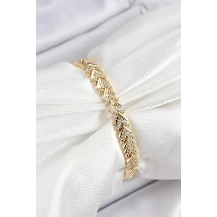 Pirinç Sıralı Ok Model Zirkon Taşlı Gold Renk VİP Seri Kadın Bileklik
