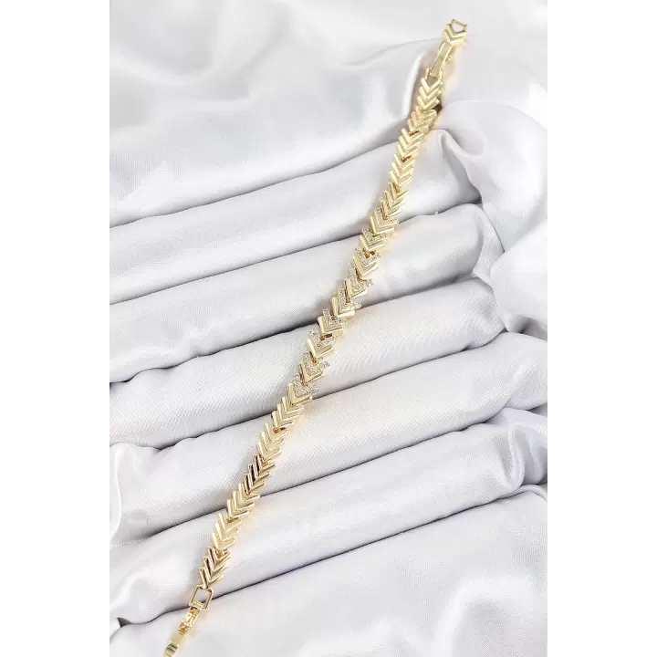 Pirinç Sıralı Ok Model Zirkon Taşlı Gold Renk VİP Seri Kadın Bileklik
