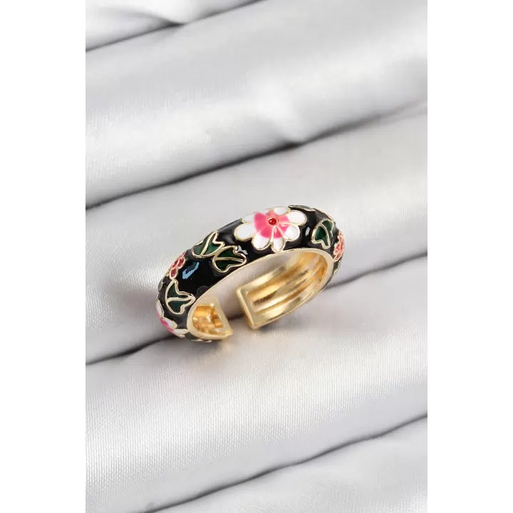 Pirinç Siyah Mineli Çiçek Motifli Gold Renk Ayarlanabilir Kadın Yüzük