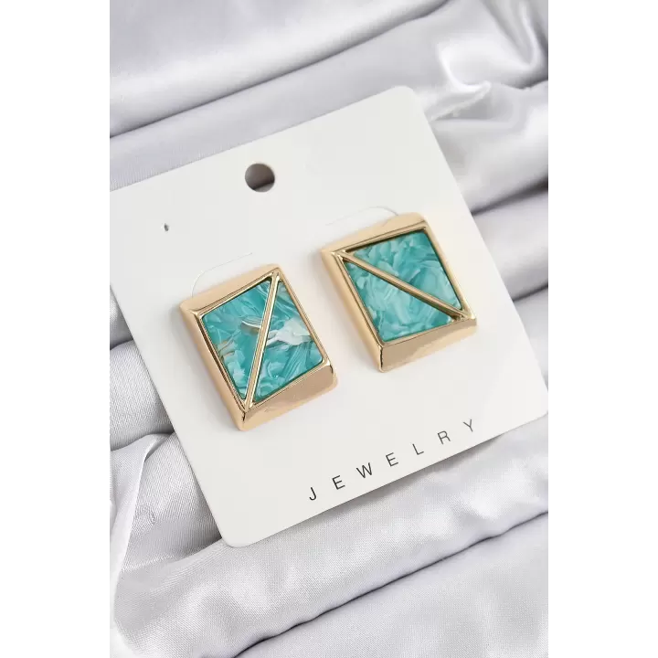Pirinç Turkuaz Üçgen Kesim Detaylı Kare Model Vintage Gold Renk Kadın Küpe