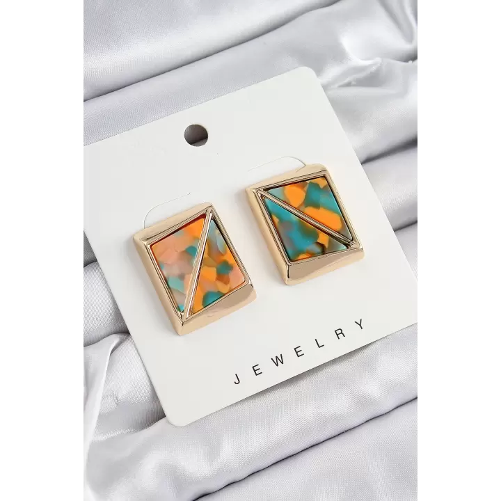 Pirinç  Turuncu Yeşil Üçgen Kesim Detaylı Kare Model Vintage Gold Renk Kadın Küpe