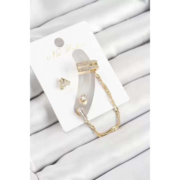 Pirinç Üçgen Figürlü Zirkon Taşlı Gold Renk 3lü Kıkırdak Kadın Küpe Set