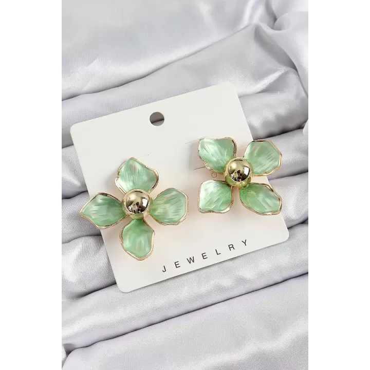Pirinç Yeşil Çiçek Vintage Model Gold Renk Kadın Küpe
