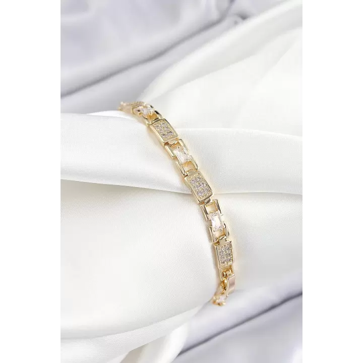 Pirinç Zincir Model Zirkon Taşlı Gold Renk VİP Seri Kadın Bileklik