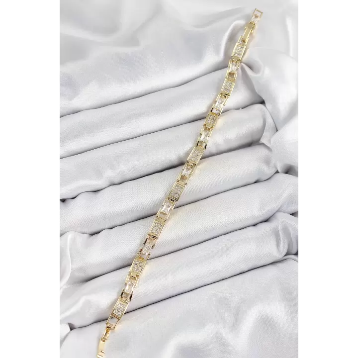 Pirinç Zincir Model Zirkon Taşlı Gold Renk VİP Seri Kadın Bileklik