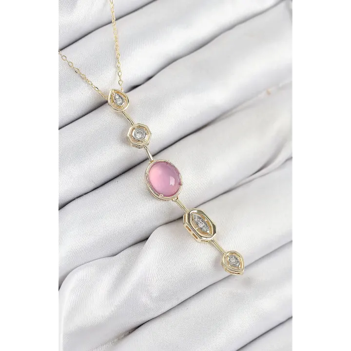 Pirinç Zincir Pembe Gold Renk Zirkon Taşlı Y Kolye