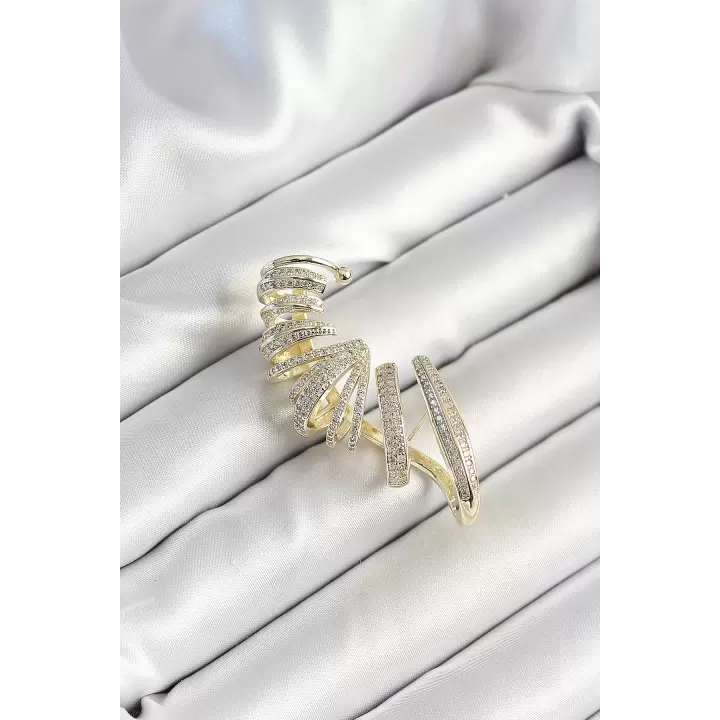 Pirinç Zirkon Taş Kaplamalı Sarmal Figürlü Gold Renk Kadın Sağ Kıkırdak Küpe
