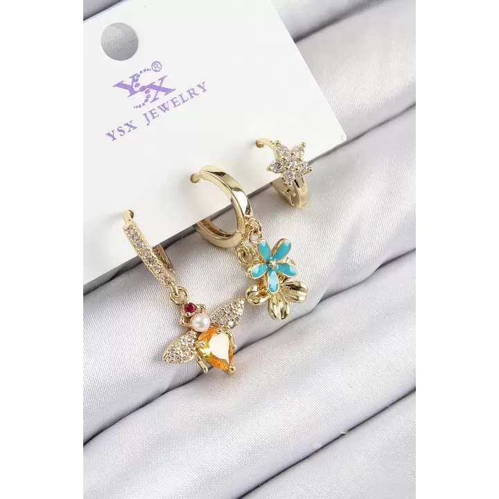 Pirinç Zirkon Taşlı 3lü Arı Ve Çiçek Model Gold Renk Kadın Küpe