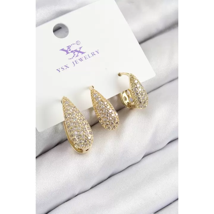Pirinç Zirkon Taşlı 3lü Damla Model Gold Renk Kadın Küpe