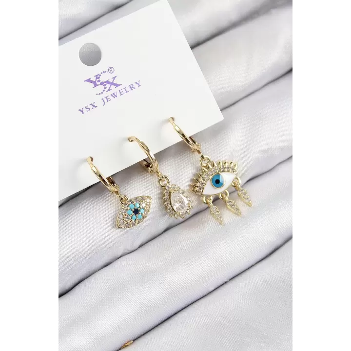 Pirinç Zirkon Taşlı 3lü Fatmanın Gözü Model Gold Renk Kadın Küpe
