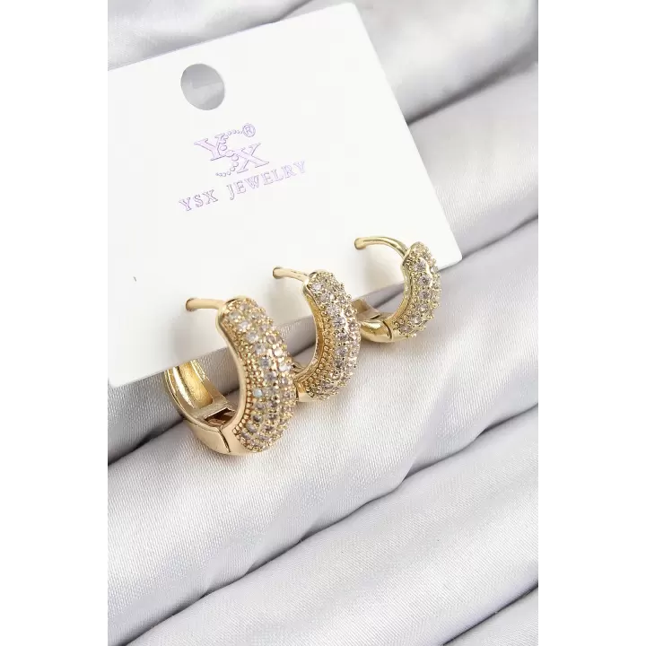Pirinç Zirkon Taşlı 3lü Halka Model Gold Renk Kadın Küpe