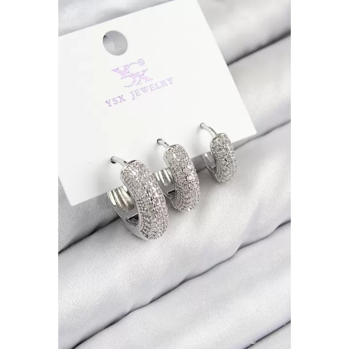 Pirinç Zirkon Taşlı 3lü Halka Model Gümüş Renk Kadın Küpe