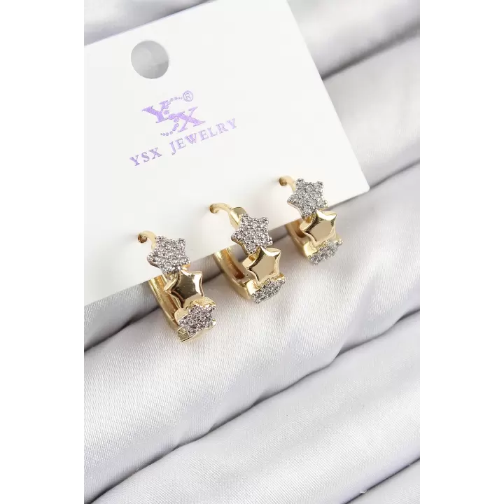 Pirinç Zirkon Taşlı 3lü Halka Yıldız Model Gold Ve Gümüş Renk Kadın Küpe