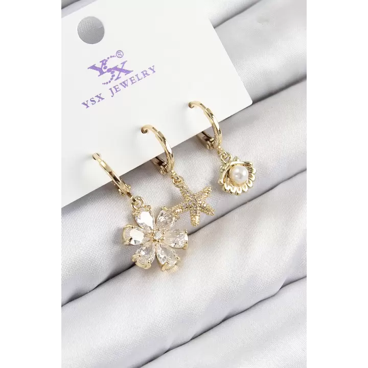 Pirinç Zirkon Taşlı 3lü İstiridye Ve Çiçek Model Gold Renk Kadın Küpe