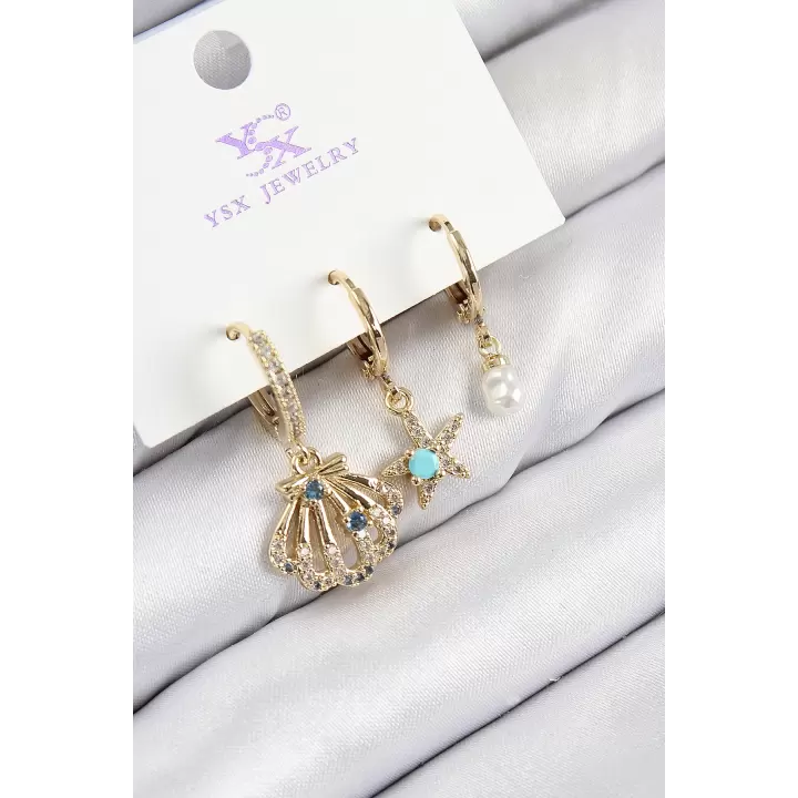 Pirinç Zirkon Taşlı 3lü İstiridye Ve Yıldız Model Gold Renk Kadın Küpe