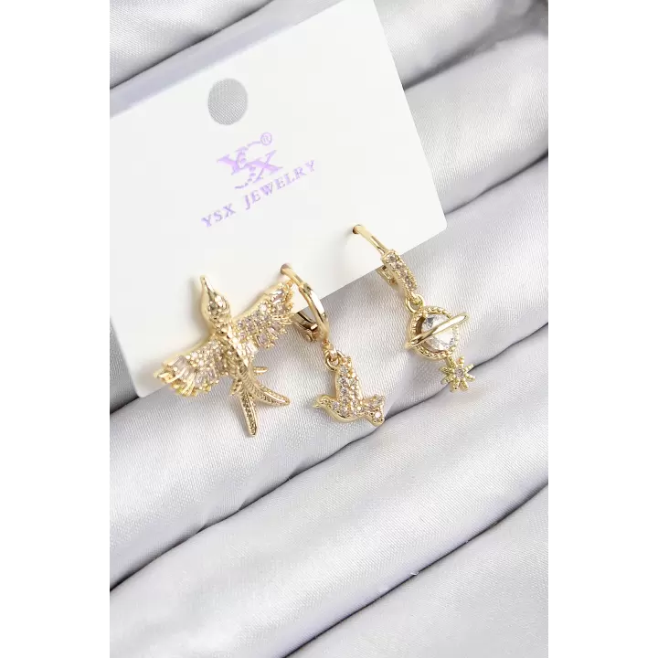 Pirinç Zirkon Taşlı 3lü Kuş Model Gold Renk Kadın Küpe