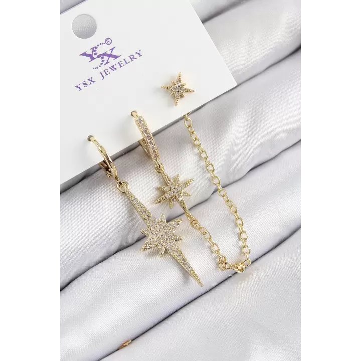 Pirinç Zirkon Taşlı 3lü Kutup Yıldızı Model Gold Renk Kadın Küpe
