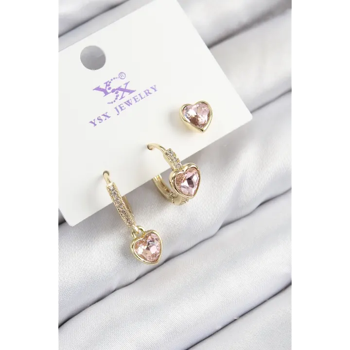 Pirinç Zirkon Taşlı 3lü Pembe Kalp Model Gold Renk Kadın Küpe