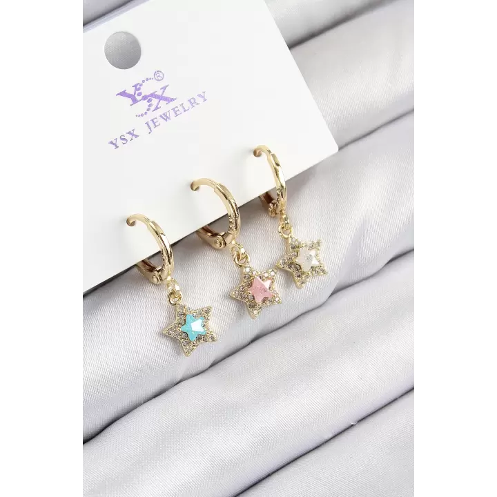 Pirinç Zirkon Taşlı 3lü Renkli Yıldız Model Gold Renk Kadın Küpe