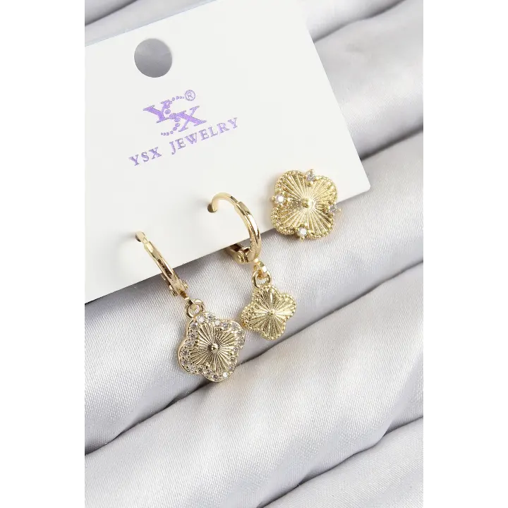 Pirinç Zirkon Taşlı 3lü Yonca Model Gold Renk Kadın Küpe
