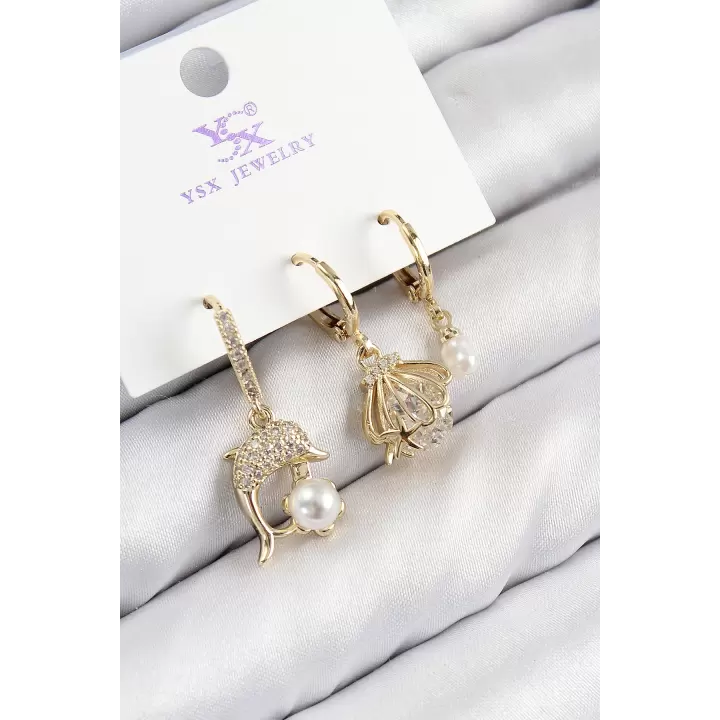 Pirinç Zirkon Taşlı 3lü Yunus Balığı Ve İstiridye Model Gold Renk Kadın Küpe