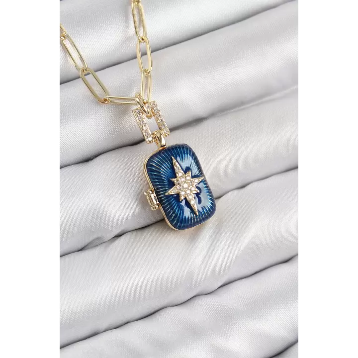 Pirinç Zirkon Taşlı Açılabilir Kutup Yıldızı Model Gold Renk Kadın Kolye