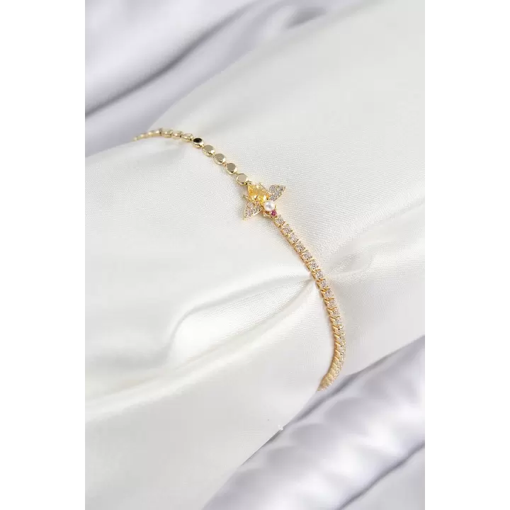 Pirinç Zirkon Taşlı Arı Model Ezme Zincir Gold Renk Kadın Bileklik