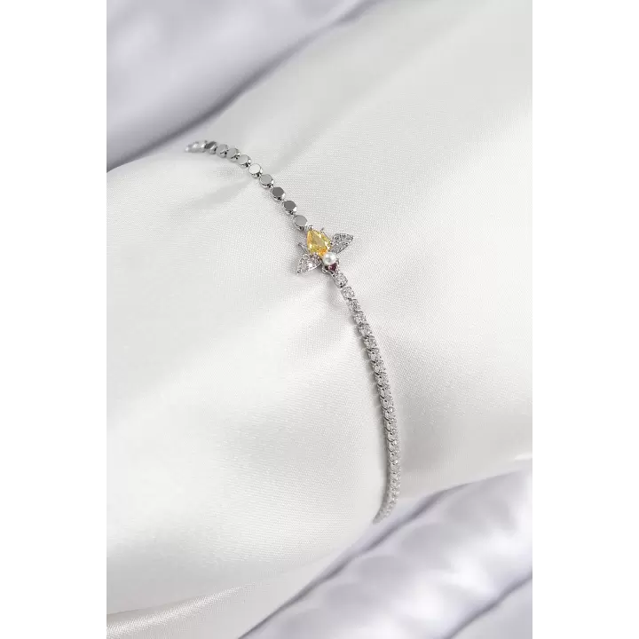Pirinç Zirkon Taşlı Arı Model Ezme Zincir Gümüş Renk Kadın Bileklik